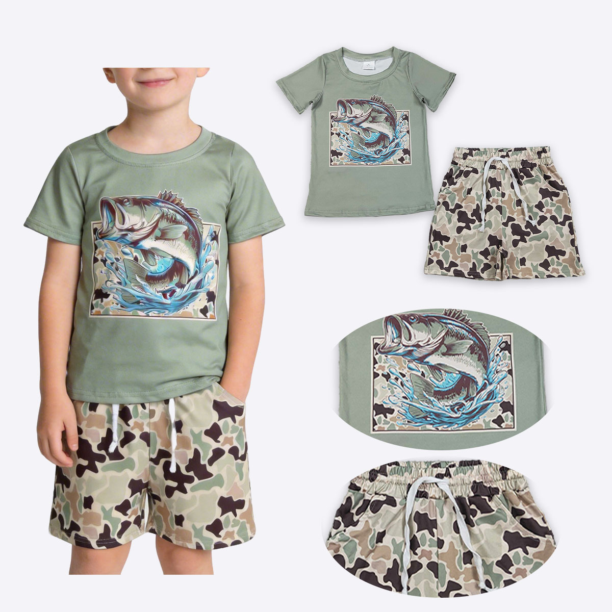 Baby Clothing Wholesale - Toddler Baby Boys Green Camo Fishing