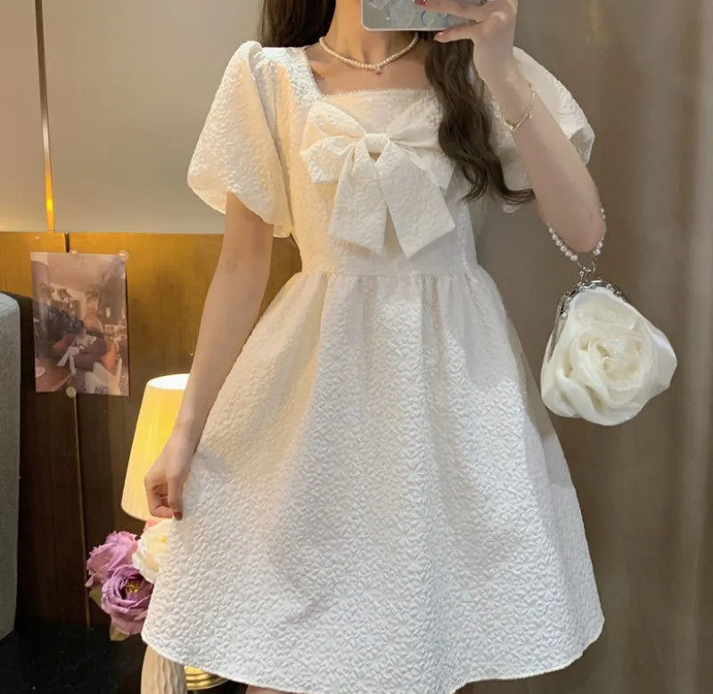 Baby Clothing Cheap - Casual Puff Sleeve Fairy Dress White